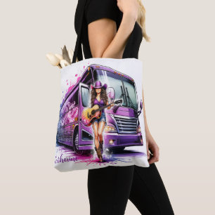 Cowgirl Zangeres met Gitaar en Tour Bus Custom Tote Bag