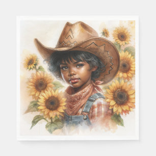 Cowgirl Zwarte Kind Zonnebloem Waterverf Servet
