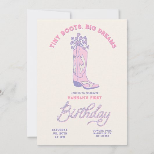 Cowgirls verjaardagsuitnodiging Tiny Boots Big Dre Kaart (Voorkant)