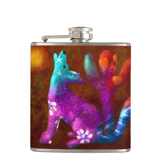 Coyote Abstracte Kunst Saguaro Cactus Desert Brown Heupfles (Voorkant)