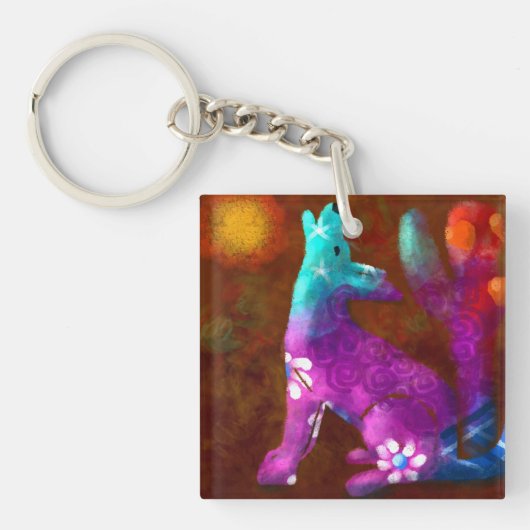 Coyote Abstracte Kunst Saguaro Cactus Desert Brown Sleutelhanger (Voorkant)