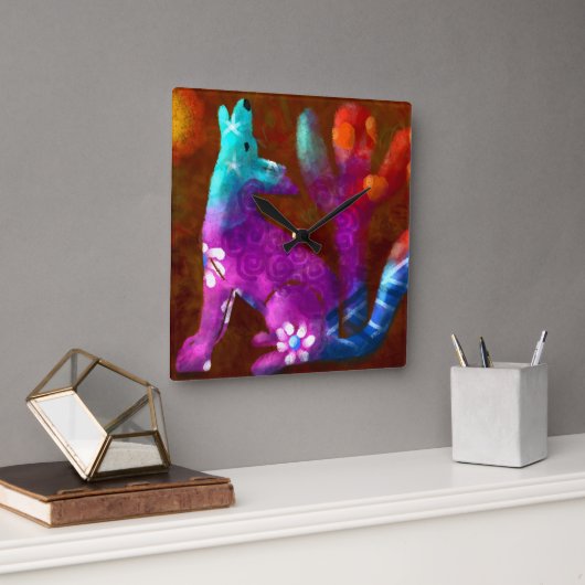 Coyote Abstracte Kunst Saguaro Cactus Desert Brown Vierkante Klok (Kantoor)