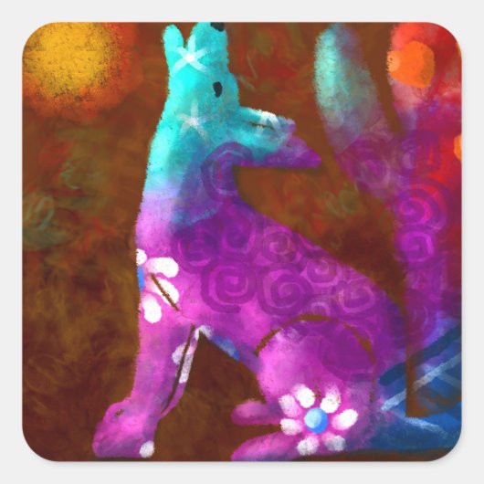 Coyote Abstracte Kunst Saguaro Cactus Desert Brown Vierkante Sticker (Voorkant)