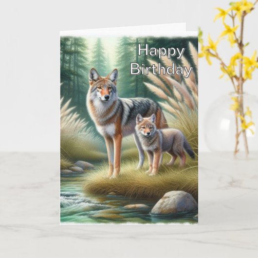 Coyote and Pup Happy Birthday Wildlife  Kaart (Gele Bloem)