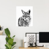 Coyote Head Portrait Black White Animal Poster (Thuiskantoor)