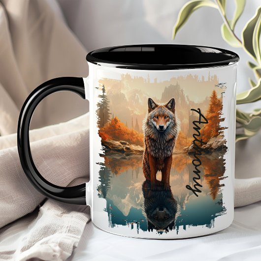 Coyote in herfstmeerreflectie mok
