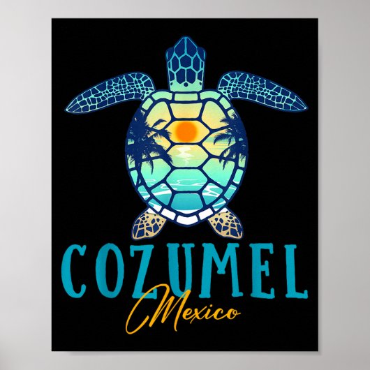 Cozumel Mexico Sea Turtle Palm Tree Sunset Beach V Poster (Voorkant)