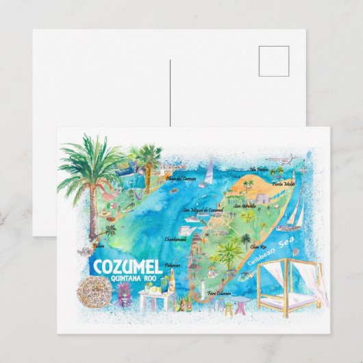 Cozumel Quintana Roo Mexico illustreerde reiskaart Briefkaart (Voorkant / Achterkant)