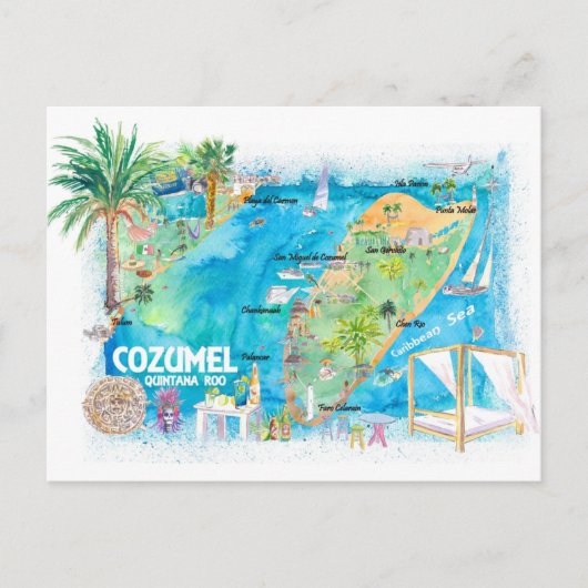 Cozumel Quintana Roo Mexico illustreerde reiskaart Briefkaart (Voorkant)