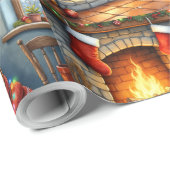 Cozy Abyssinian Cat by Fireplace Christmas Lights Cadeaupapier (Rol Hoek)