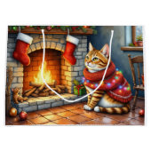 Cozy Abyssinian Cat by Fireplace Christmas Lights Groot Cadeauzakje (Voorkant)