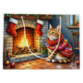 Cozy Abyssinian Cat by Fireplace Christmas Lights Groot Cadeauzakje (Achterkant)