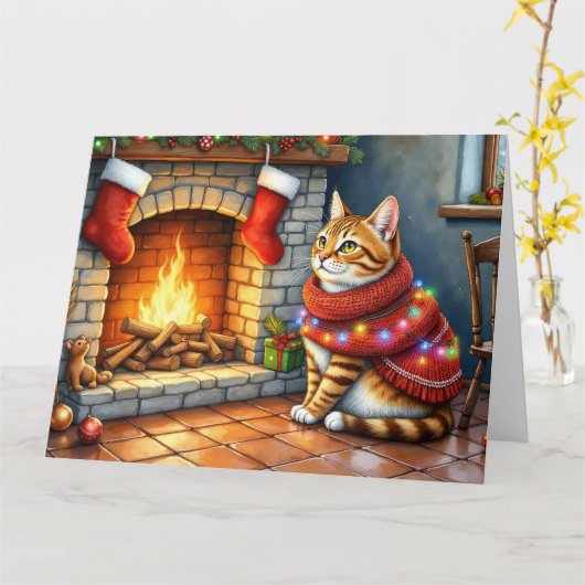Cozy Abyssinian Cat by Fireplace Christmas Lights Kaart (Gele Bloem)