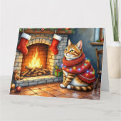 Cozy Abyssinian Cat by Fireplace Christmas Lights Kaart (Voorkant)