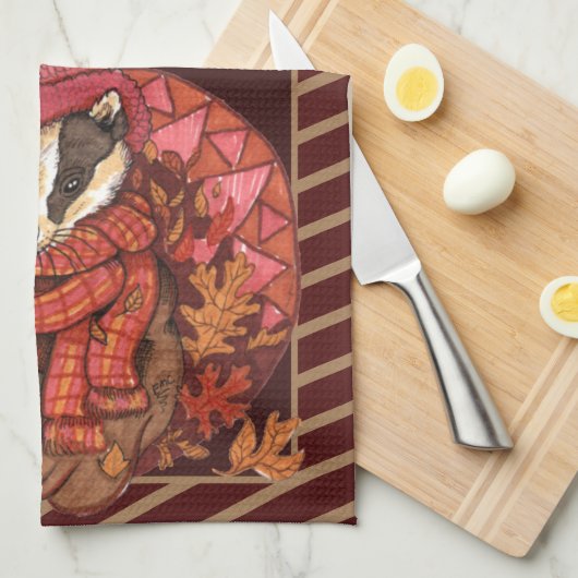 Cozy Autumn Badger Art Kitchen Towel Theedoek (Quarter Fold)