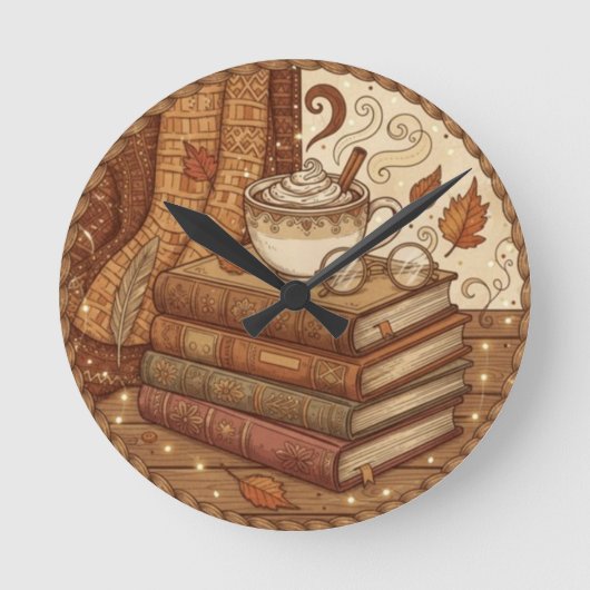 Cozy Autumn Books and Coffee Illustration Ronde Klok (Voorkant)