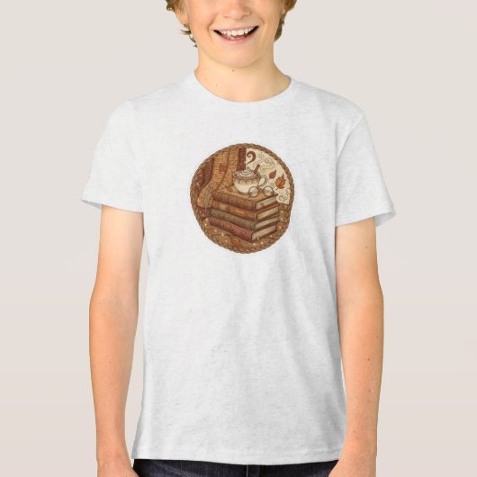 Cozy Autumn Books and Coffee Illustration Tri-Blend Shirt (Voorkant)