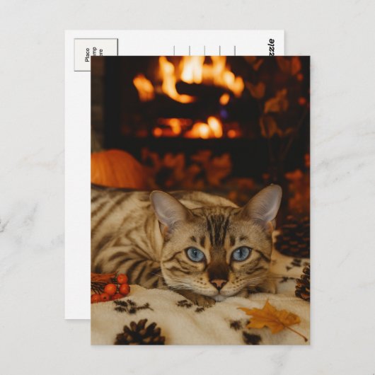 Cozy Autumn Cat Fireplace Warm Fall Postcard Briefkaart (Voorkant / Achterkant)