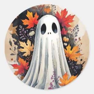Cozy Autumn Ghost - Kawaii Halloween Waterverf Ar Ronde Sticker