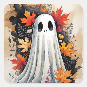 Cozy Autumn Ghost - Kawaii Halloween Waterverf Ar Vierkante Sticker
