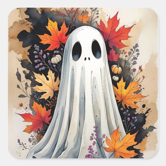 Cozy Autumn Ghost - Kawaii Halloween Waterverf Ar Vierkante Sticker (Voorkant)