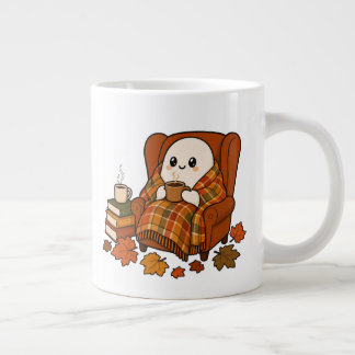 Cozy Autumn Ghost with Coffee | Kawaii Fall Readin Grote Koffiekop