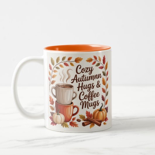 Cozy Autumn Hugs and Coffee mugs leaves Tweekleurige Koffiemok (Links)