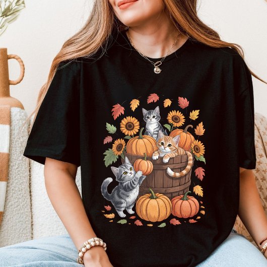 Cozy Autumn Kittens and Pumpkins Fall Harvest T-shirt