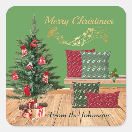 Cozy Bank Merry Christmas Vierkante Sticker (Voorkant)