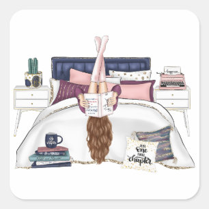 Cozy Bedroom Reading Scene Artwork for Book Lovers Vierkante Sticker