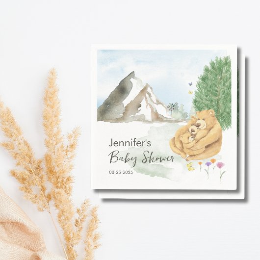 Cozy Beige Mountain Watercolor Bear Family  Servet
