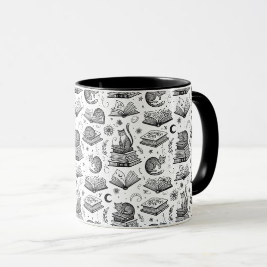 Cozy Black and White Cat on Books Pattern Mug Mok (Voorkant rechts)