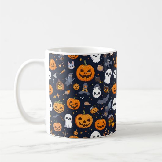 Cozy Black Background Ghost & Pumpkin All-Over Pat Koffiemok (Links)