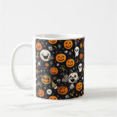 Cozy Black Background Ghost & Pumpkin All-Over Pat Koffiemok (Links)