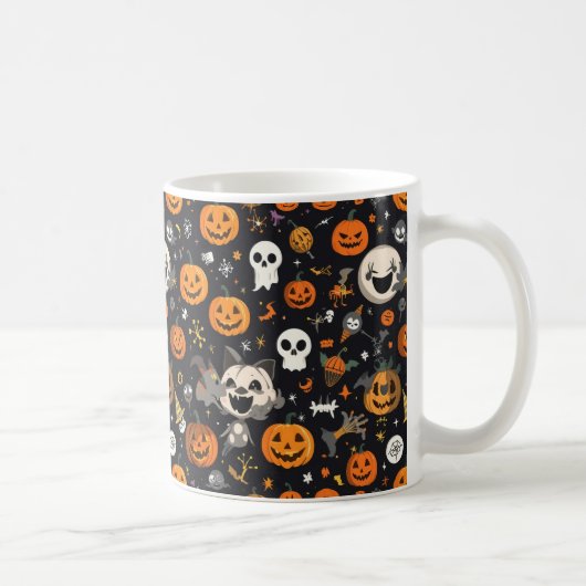 Cozy Black Background Ghost & Pumpkin All-Over Pat Koffiemok (Rechts)