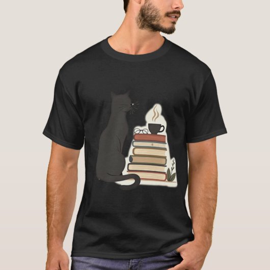 Cozy Black Cat Book Lover Coffee and Reading T-shirt (Voorkant)