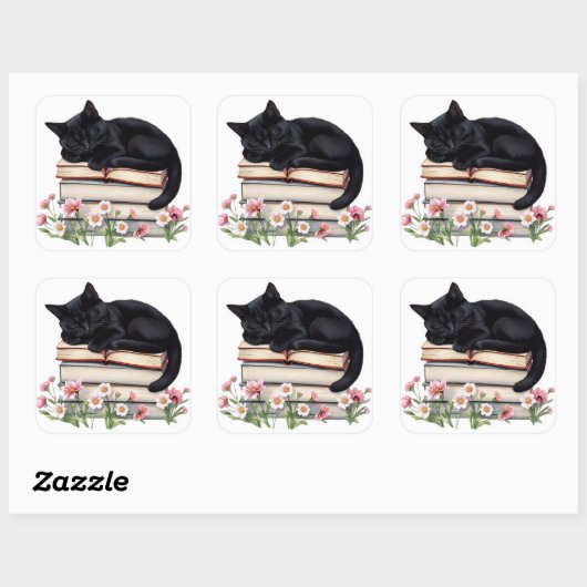 Cozy Black Cat Sleeping on Books Sticker  (Vel)