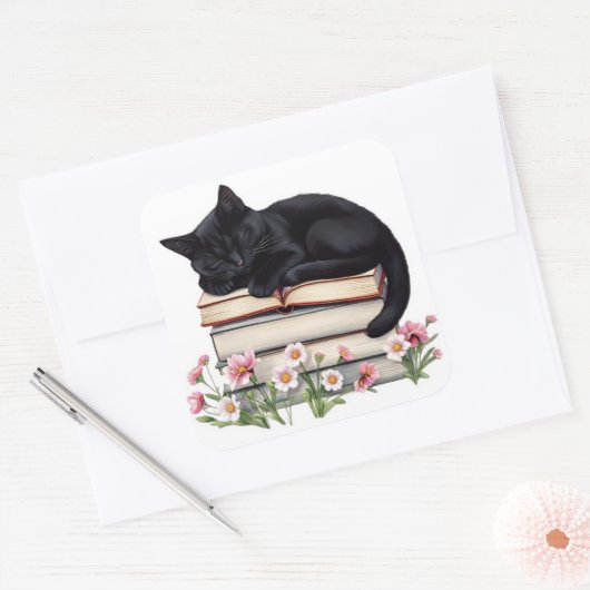 Cozy Black Cat Sleeping on Books Sticker (Envelop)