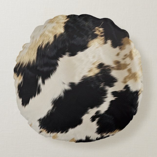 Cozy Black Cream Gold Southwest Koeienhuid Rond Kussen (Voorkant)