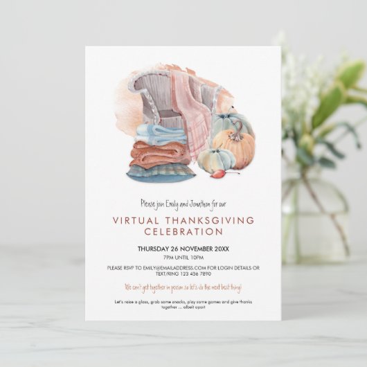 Cozy Blankets Pumpkins Virtual Thanksgiving Party Kaart (Staand voorkant)
