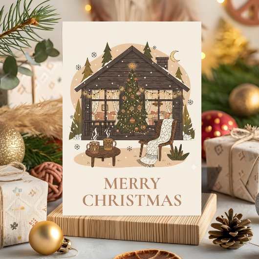 Cozy Boho Cabin Christmas Greeting Card Feestdagen Kaart