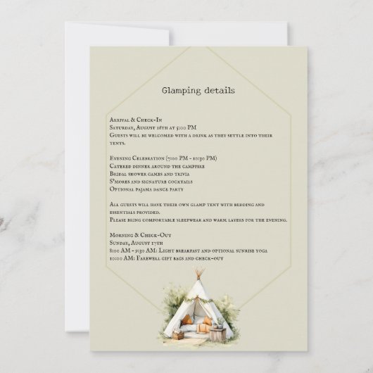 Cozy boho Glamping teepee bridal shower sleepover Kaart (Achterkant)