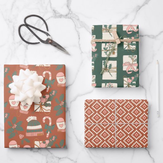 Cozy Boho Pink, Green & Clay Holiday Inpakpapier Vel (Voorkant)