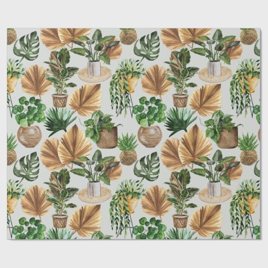 Cozy Boho Waterverf Pattern Indoor House Planten Cadeaupapier (Vlak)