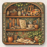 Cozy book shelf books artist supplies coffee bier onderzetter<br><div class="desc">A cozy retro-inspired design featuring a charming bookshelf filled with vintage books,  delicate botanical accents,  and a comforting cup of tea or coffee. Nestled among the pages sits an assortment of artist supplies,  adding a whimsical touch of fantasy to this warm and inviting book-lover scene.</div>