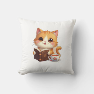 Cozy Bookish Cat Throw Pillow – Cute Tea & Reading Kussen