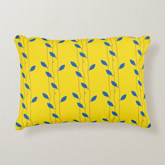 Cozy Bright Yellow Blue Leaves Cotton Accent Kussen (Voorkant)