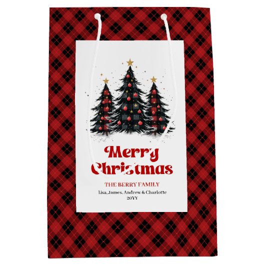 Cozy buffalo plaid Christmas bag with custom name Medium Cadeauzakje (Voorkant)