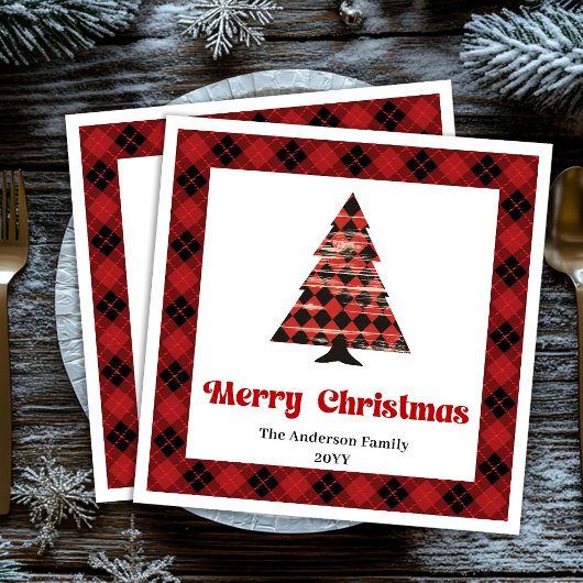 Cozy Buffalo Plaid Tree Napkin Holiday Design Servet