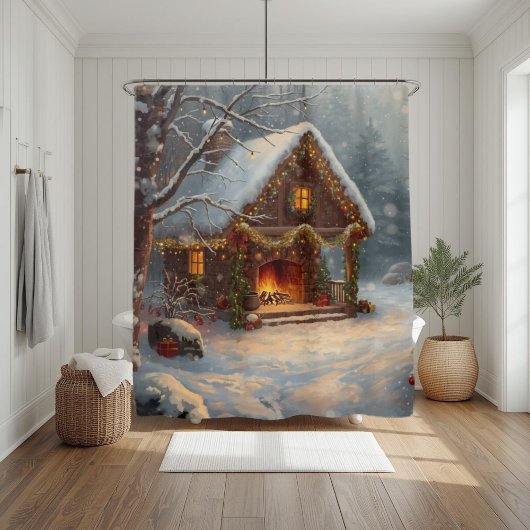 Cozy Cabin Fireplace Christmas Shower Curtain Douchegordijn